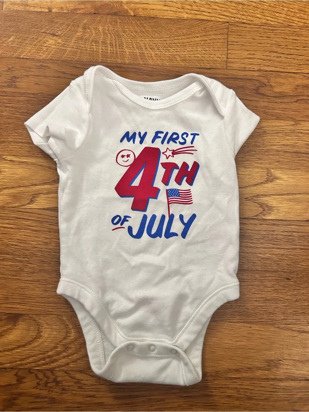 Old Navy White Baby One-Piece with Red & Blue 'My First 4th of July' Graphic